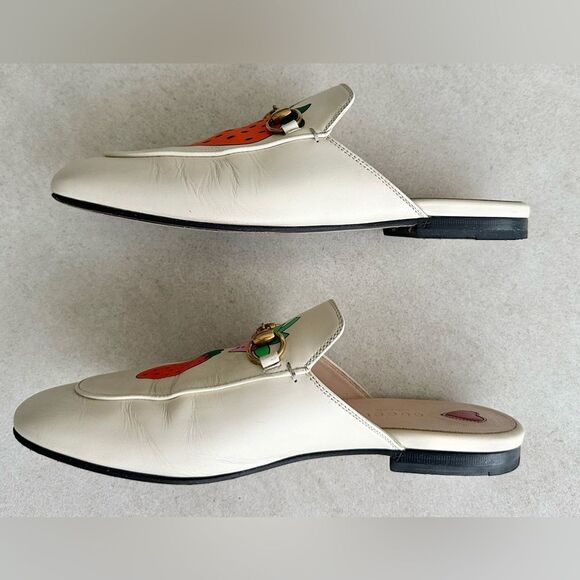 Gucci Princetown Leather Off White Strawberry Slip on Horsebit Flat Mules Sz 38 - Picture 6 of 12